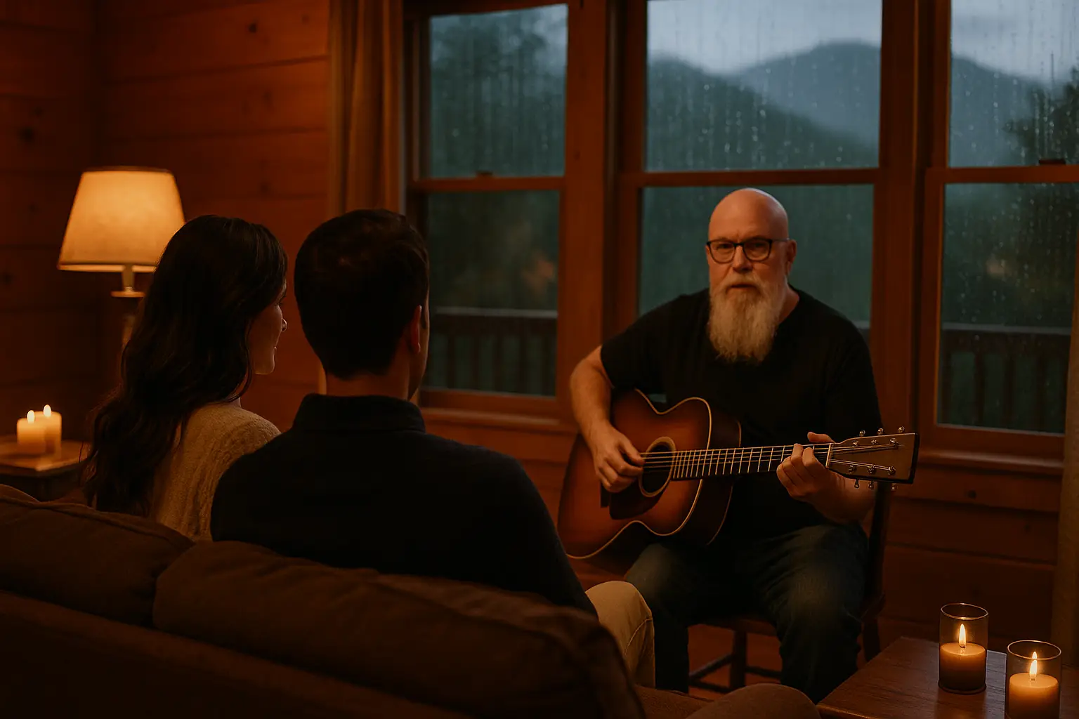 A couple enjoying a North Georgia cabin romance evening while a bearded musician performs gentle acoustic guitar in a cozy, rain-lit living room.