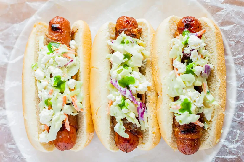 Bacon Wrapped Dogs with Habanero Coleslaw recipe - www.platingpixels.com