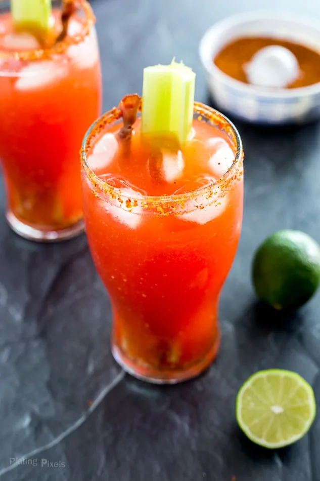 Bloody Mary Michelada with Bacon Swizzle Sticks - platingpixels.com