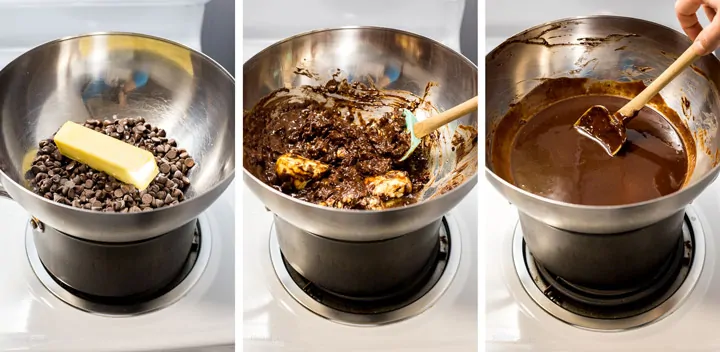 Process shot of three images showing steps to melting chocolate in double boiler on stove