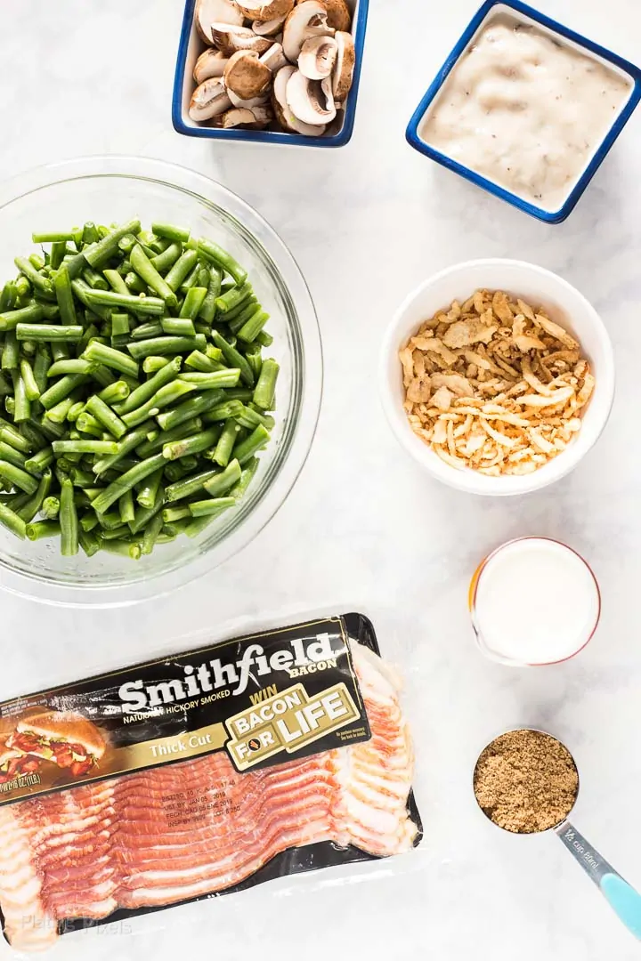 All ingredients for String Bean Casserole with Candied Bacon prepped on kitchen counter