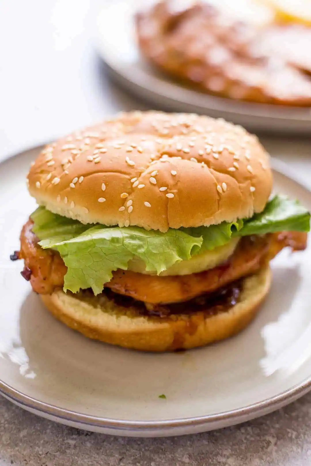 Close up of a Grilled Teriyaki Chicken Burgers prepared on a plate