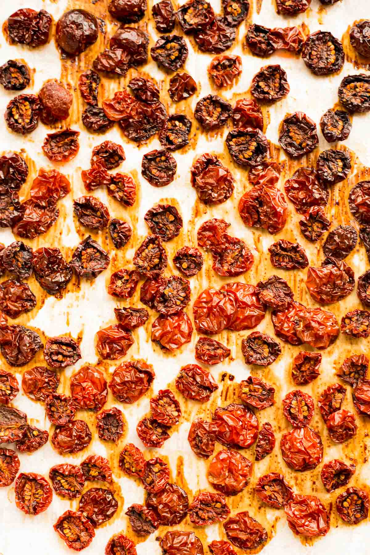 Just baked Oven Dried Tomatoes on a baking sheet