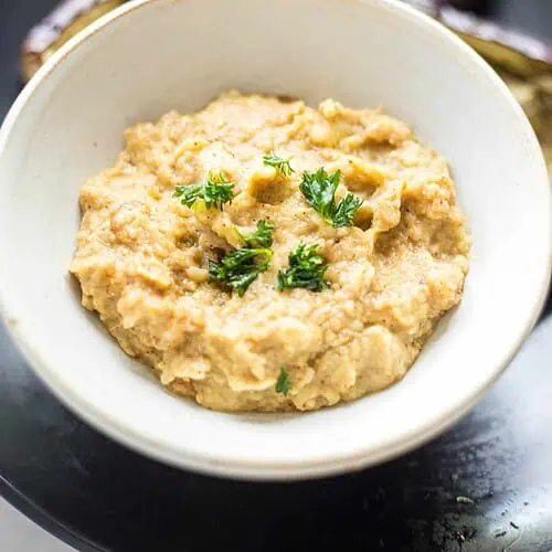 Eggplant dip in a white bowl