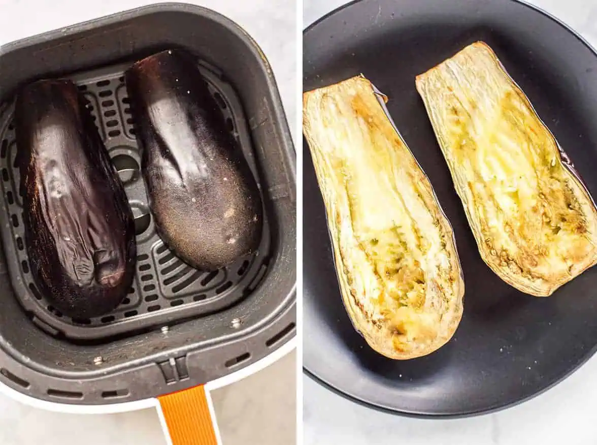 Side by side photos for how to air fry egglant