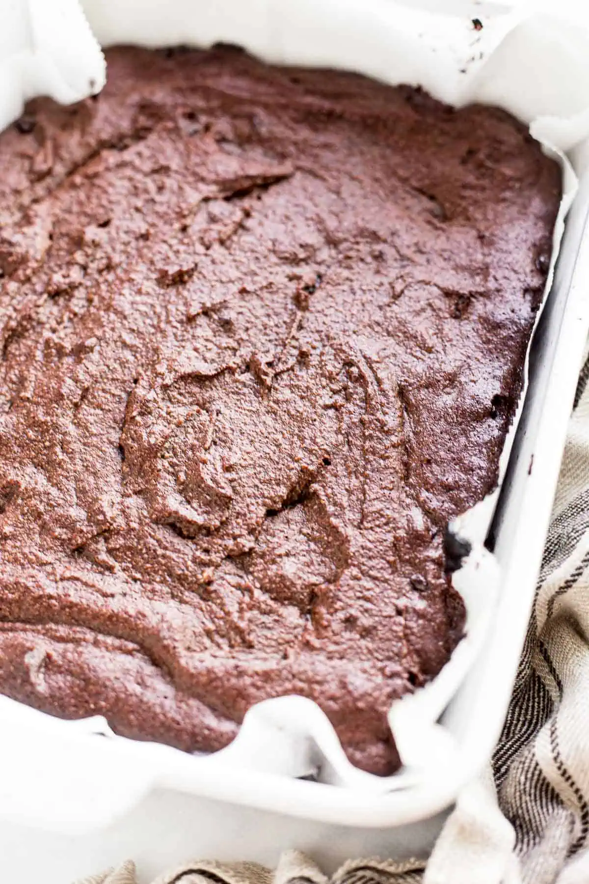 Just baked Almond Flour Brownies in a baking dish