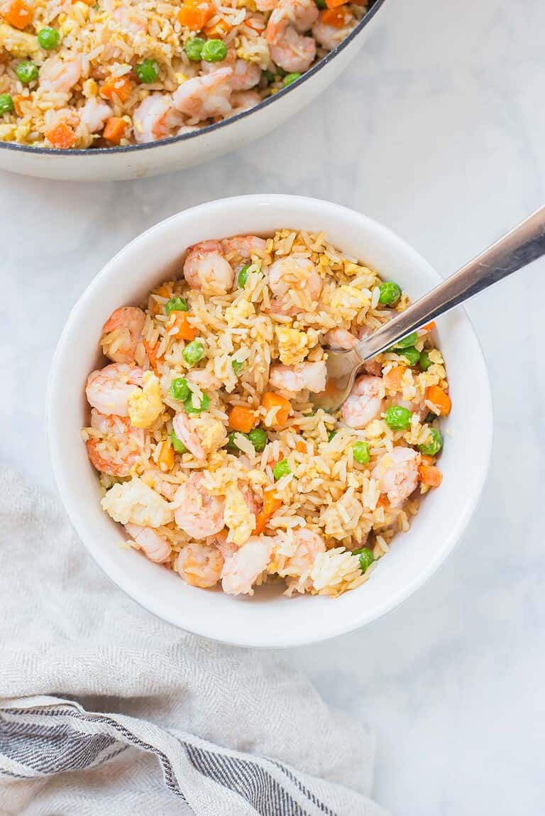Overhead shot of a bowl of homemade shrimp fried rice