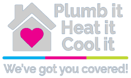 Logo with a house and heart icon, and the text "Plumb it, Heat it, Cool it. We've got you covered!" with a blue, pink, and green bar underneath.