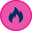 A dark blue flame icon, centered on a bright pink circular background, captures the spirit of Plumb it Heat it Cool it.