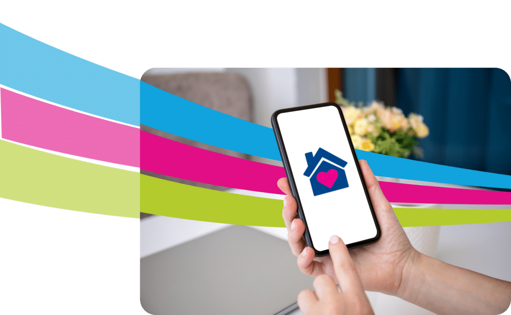 A person holds a smartphone displaying a house icon with a heart, with colorful swoosh graphics in the background, capturing the comfort of Plumb it Heat it Cool it services.