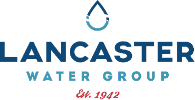 Lancaster Water Group logo featuring a blue water droplet above the company name, with "Est. 1942" in red script below and the motto "Plumb it Heat it Cool it" integrated into the design.