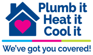 Logo with a house and heart graphic, and text: "Plumb it, Heat it, Cool it. We've got you covered!" with colored line accents.