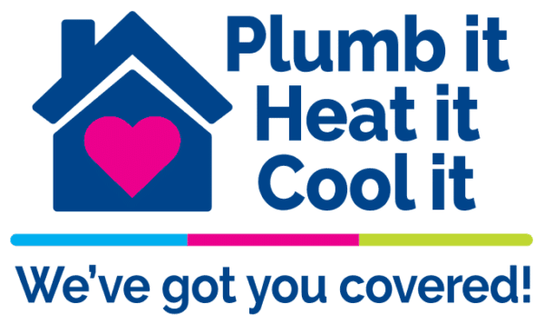 Logo with a house and heart graphic, and text: "Plumb it, Heat it, Cool it. We've got you covered!" with colored line accents.
