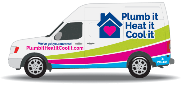 A white service van with colorful blue, green, and pink stripes displays the logo and website "PlumbitHeatitCoolit.com," with the text "We’ve got you covered!" on the side—contact us if you have questions!.