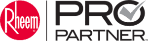 Rheem Pro Partner logo featuring the Rheem name in a red circle next to "Pro Partner," with a checkmark in the O, symbolizing trusted service to Plumb it, Heat it, Cool it.