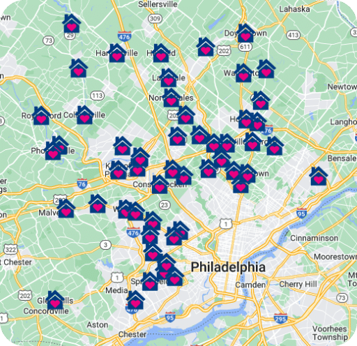 A map of Philadelphia and nearby areas marked with numerous house icons, highlighting locations of homes or properties ready to Plumb it, Heat it, Cool it.