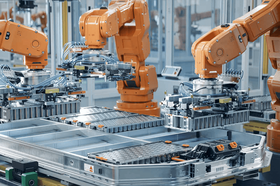 Industrial robotic arm assembling a mechanical component on an automated manufacturing line.