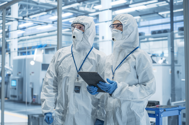 operators in full protective gowns inspecting a facility