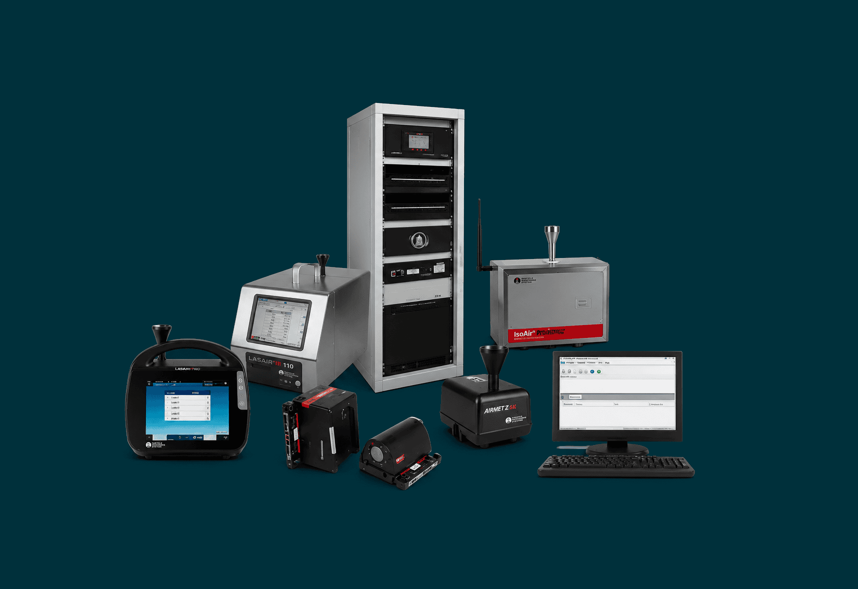 Selection of Particle Measuring Systems cleanroom monitoring products displayed on a dark teal background, including portable and remote particle counters, airborne and condensation particle counters, environmental monitoring hardware, software, and a central monitoring cabinet for cleanroom contamination control.