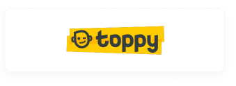 Logo of Toppy featuring a smiling character and text in yellow and dark gray.