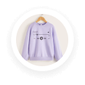 Light purple sweatshirt displayed on a hanger with a graphic design on the front.