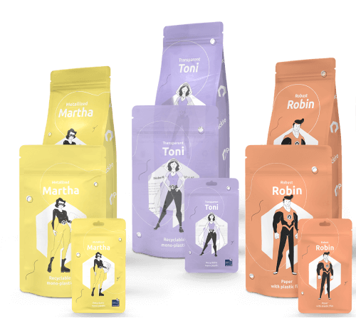 Various packaging designs featuring characters named Martha, Toni, and Robin in different colors and styles.