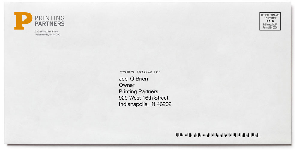 Envelope featuring the logo of Printing Partners, addressed to Joel O'Brien in Indianapolis, Indiana.