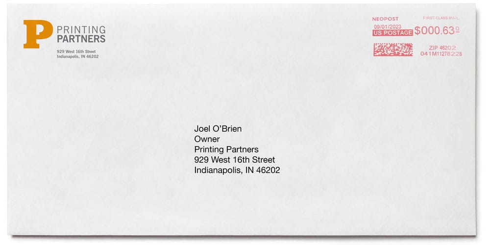 White envelope addressed to Joel O'Brien, featuring the Printing Partners logo and mailing details.
