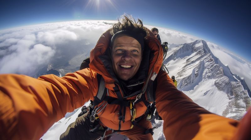 Individual wearing an orange jacket taking a selfie at the summit of Mount Everest with clouds in the background.