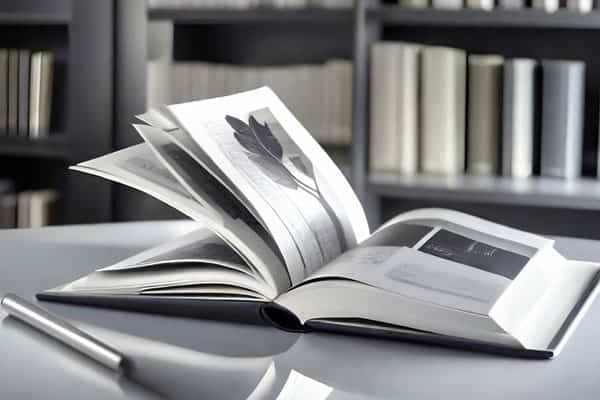An open matte paper book displaying pages with images and text on a table.