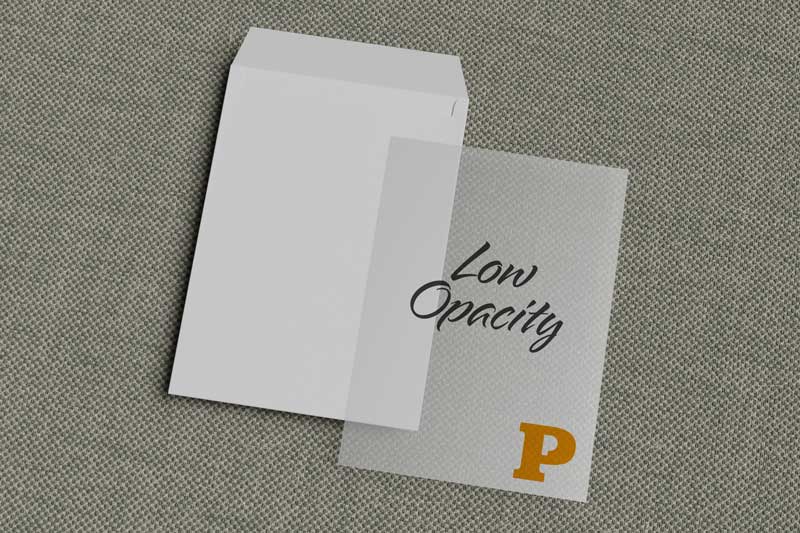 A white envelope with a transparent sheet labeled 'Low Opacity' and a letter 'P' in orange.