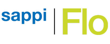 Logo of Sappi Flo featuring blue and green text with a vertical line.