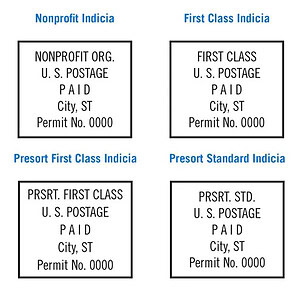 Four examples of USPS indicia for nonprofit and first class mail with various labels.