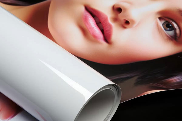 Close-up of a glossy print showing a woman's face with smooth skin and full lips.