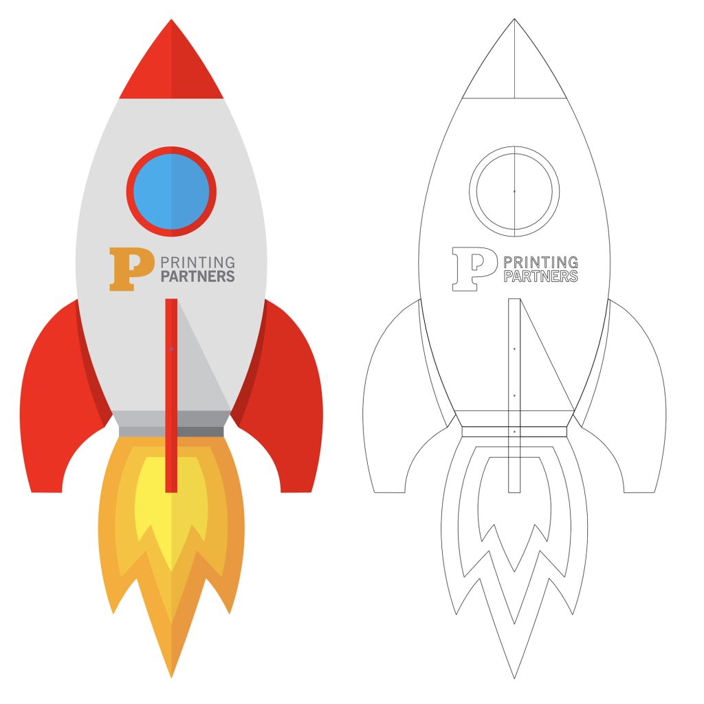 Illustration of a rocket with red accents and the Printing Partners logo on its body.