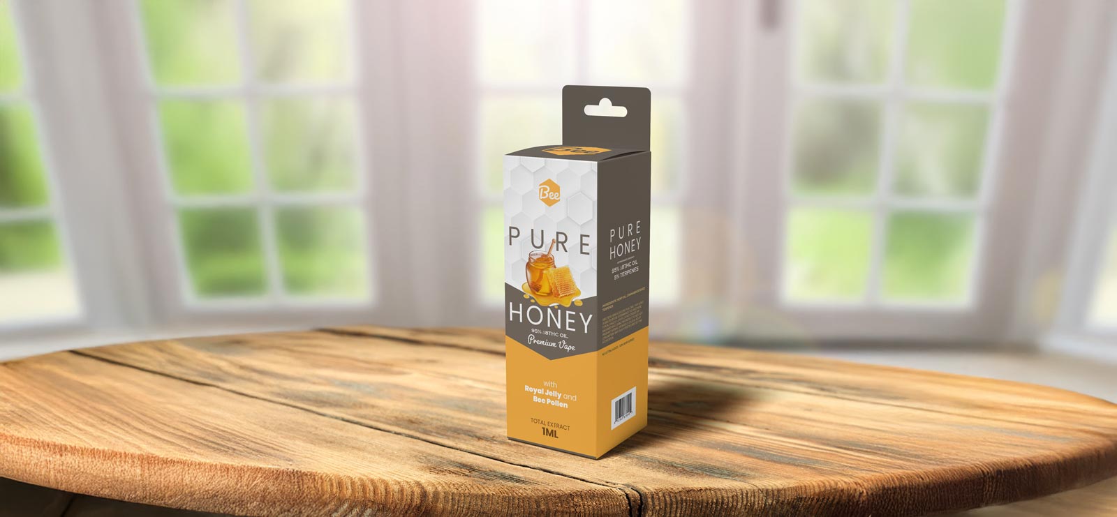 A packaging box for Pure Honey displayed on a wooden surface.
