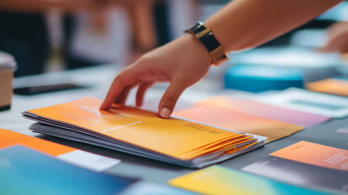 A hand reaching for a stack of orange brochures on a table.