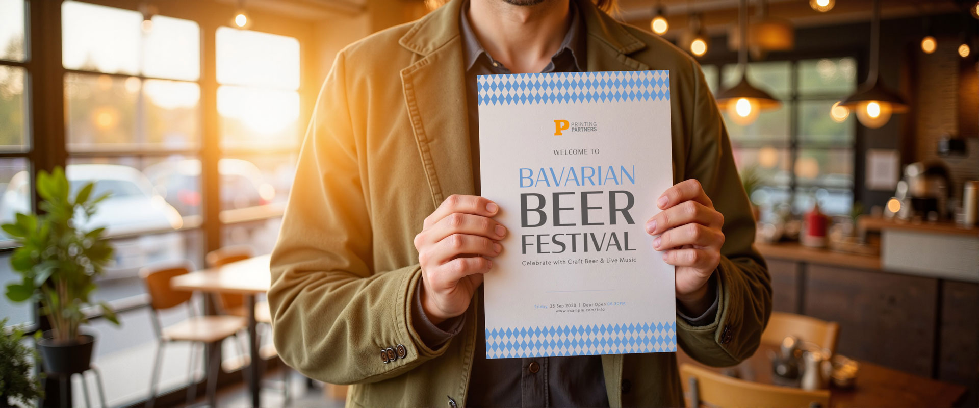 Person holding blank flyer in cozy cafe, promotional concept