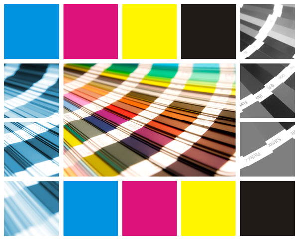 Color swatches displaying CMYK and Pantone color palettes arranged in a grid format.