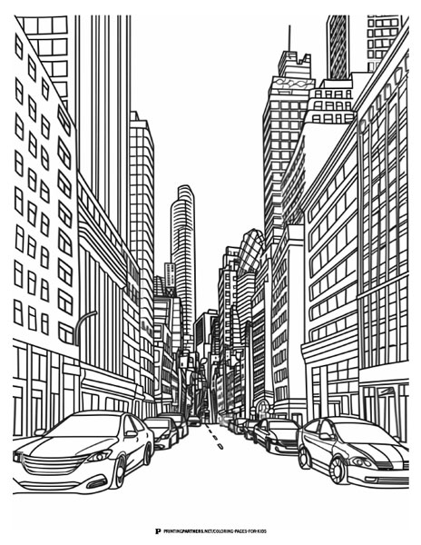 Black and white coloring page featuring a city street with various cars and tall buildings.