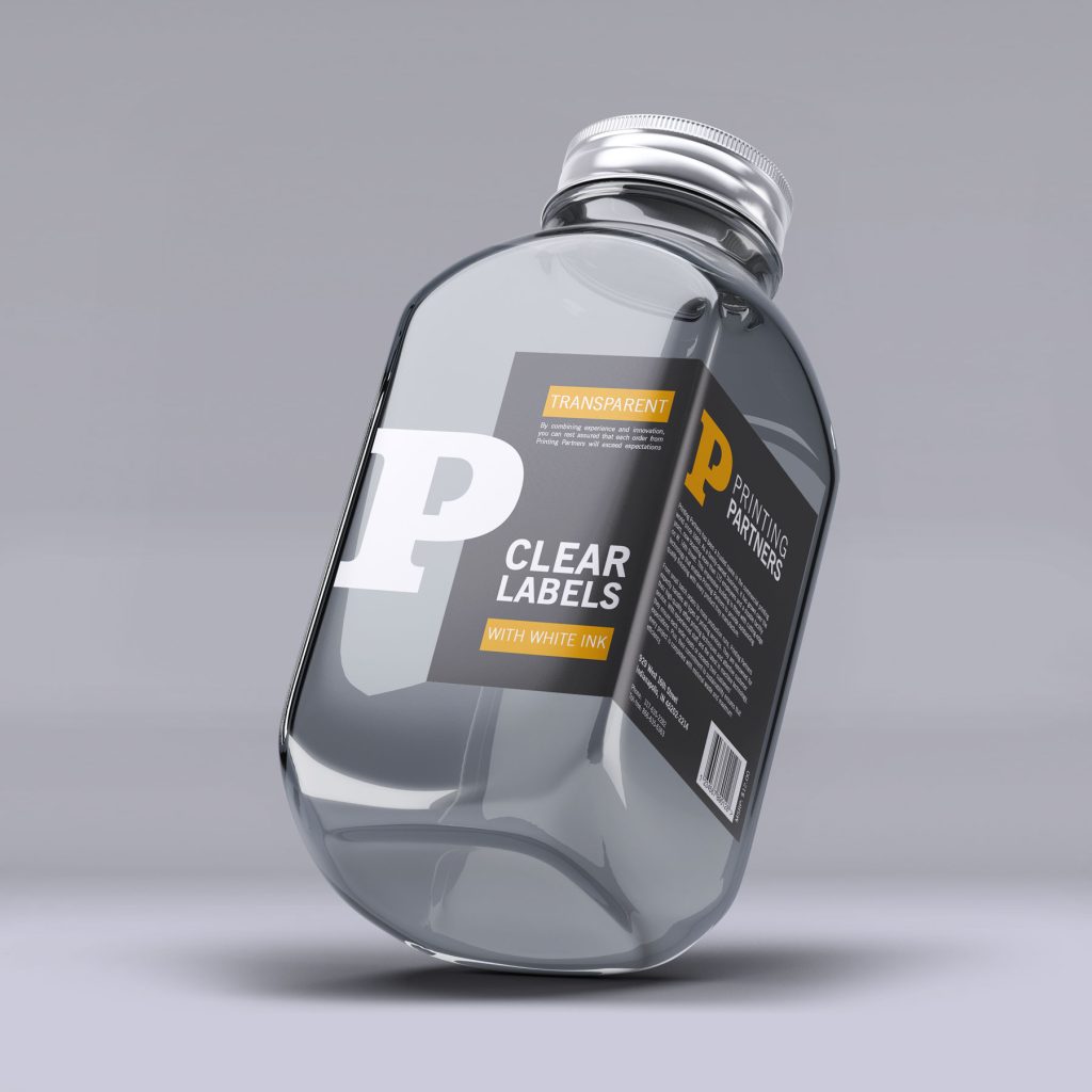 Transparent jar with a clear label featuring white ink and Printing Partners branding.
