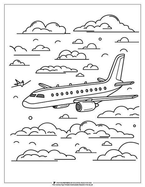 Line art illustration of an airplane flying through clouds in the sky.