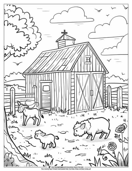 Black and white coloring page with a baby goat, baby sheep, and baby donkey near a barn.