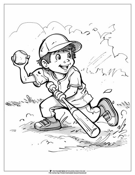 Backyard kids playing baseball coloring.