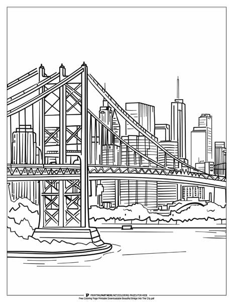 Beautiful bridge leading into a city coloring page.