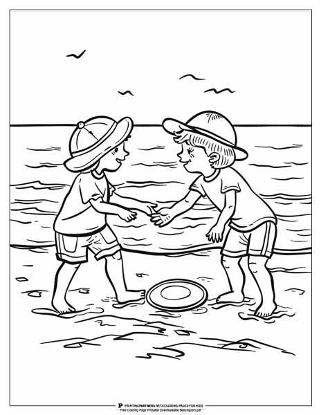 Black and white coloring page featuring two children playing on the beach with a frisbee.