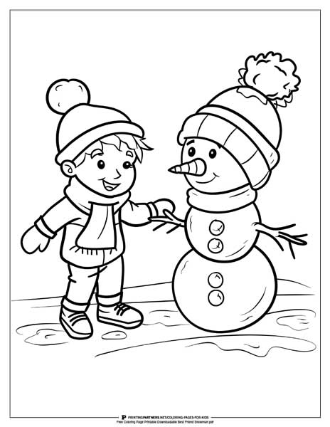 Smiling snowman with scarf coloring page.