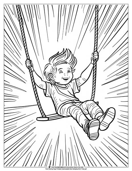 Black and white coloring page featuring a child swinging on a swing set.