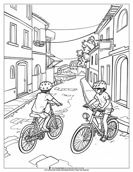 Line art coloring page featuring two children riding bicycles on a street.