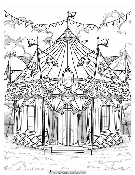 Black and white coloring page featuring a large circus tent with flags and decorative elements.